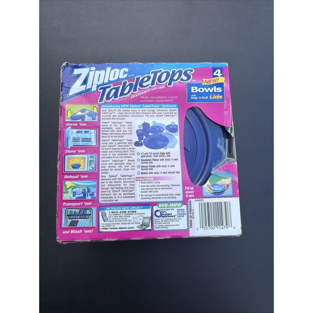 Ziploc Tabletops Bowls 4 Pack Blue Plastic Round 16 oz Snap Lid Food Storage